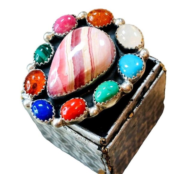 American Southwest Multi Gemstone Rhodochrosite Turquoise Sterling Silver Ring 8 - Picture 3 of 5